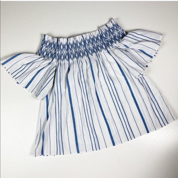 1. State Tops - 1. State Smocked Off Shoulder Blue White Striped Top Large